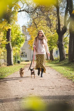 Femme promenant deux petits chiens en laisse lors d’une séance d’éducation canine en milieu urbain, illustrant la socialisation et la marche en laisse